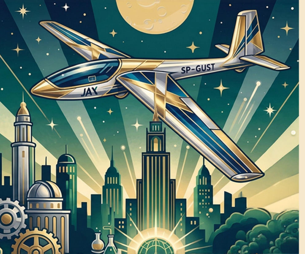 Srebrny szybowiec nad miastem przyszłości. Obok plakat 15. Nocy w Instytucie Lotnictwa, o czym pisze SE Portal Obronny.