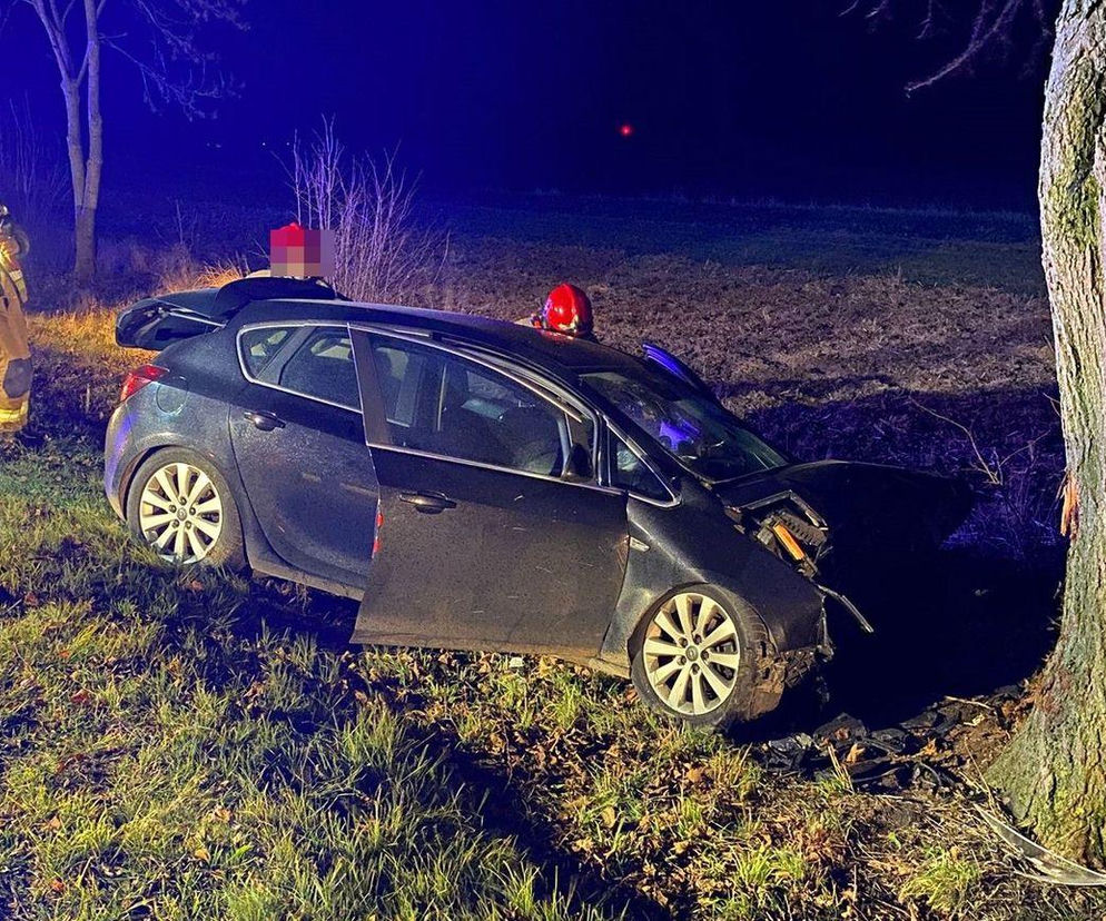 Groźny wypadek w Woli Osowińskiej. Opel uderzył w drzewo, dwie osoby ranne
