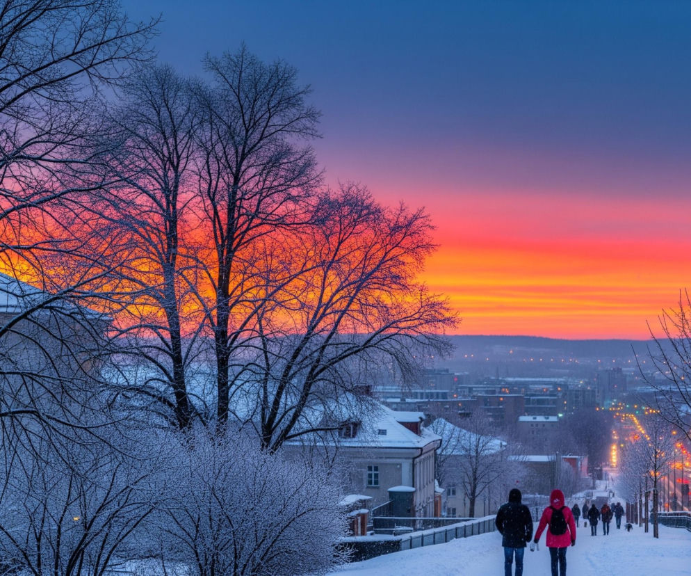 Przedstawiony obraz ukazuje zimowy krajobraz miejski o zmierzchu, z dominującym niebem w intensywnych barwach od pomarańczu i czerwieni, przechodzących w fiolet i błękit. Lewą stronę zdjęcia wypełniają ośnieżone, nagie drzewa, których ciemne gałęzie tworzą złożoną siatkę na tle zachodzącego słońca. Na pierwszym planie po lewej widoczne są również pokryte śniegiem dachy budynków oraz krzewy.

Prawa strona ukazuje ośnieżoną ulicę lub ścieżkę, po której idą ludzie w zimowych ubraniach; jedna para w kurtkach – czarnej i czerwonej – znajduje się najbliżej widza. Wzdłuż drogi widać uliczne latarnie, emitujące ciepłe, żółte światło, a w oddali rozciąga się panorama miasta z licznymi światłami. Cała scena jest pokryta śniegiem, co podkreśla zimowy charakter pejzażu.