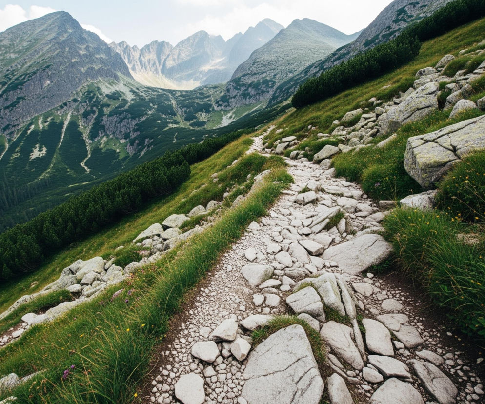 Kamienista ścieżka wije się pod górę przez zielone, trawiaste zbocze w kierunku odległych, skalistych szczytów górskich. Po obu stronach ścieżki leżą liczne szare i białe głazy, częściowo porośnięte zielonym mchem i trawą, w której sporadycznie widoczne są drobne żółte kwiaty. Na dalszym planie, po lewej stronie, strome zbocze pokrywają ciemnozielone drzewa iglaste, a w oddali widać skaliste, poszarpane wierzchołki gór.