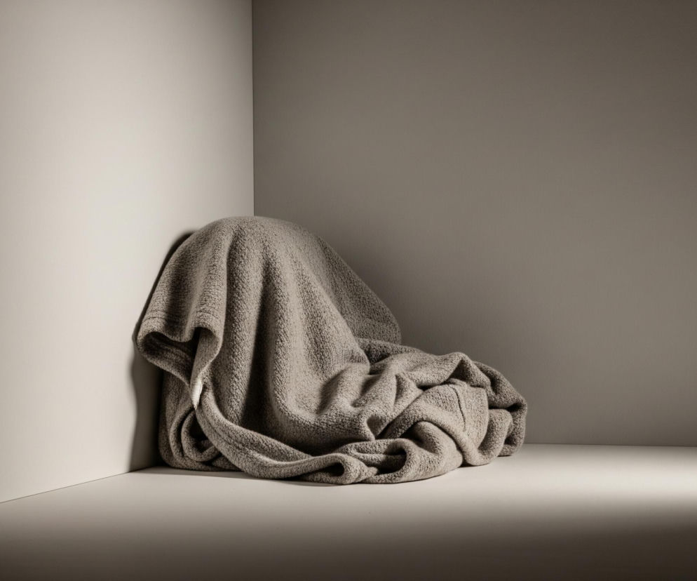 W rogu pomieszczenia leży beżowy koc o wyraźnej, teksturowanej powierzchni. Tkanina jest luźno ułożona, tworząc miękkie fałdy i zaokrąglone kształty, jakby zakrywała jakiś obiekt. Ściany i podłoga są w odcieniach szarości, z lewej strony widoczny jest jaśniejszy odcień, a w prawym górnym rogu ciemniejszy. Silne oświetlenie z lewej strony rzuca wyraźne cienie na ścianę i podłogę, podkreślając objętość koca i kontrasty w pomieszczeniu.