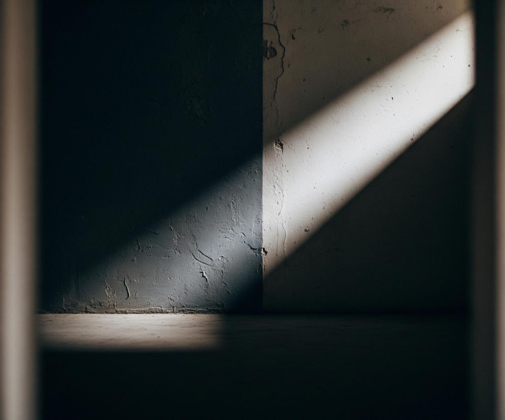 Głównym elementem jest narożnik dwóch ścian, tworzących pionową linię w centrum obrazu, na które pada snop jasnego światła. Lewa ściana, w większości pogrążona w cieniu, ma szarą, chropowatą teksturę, z widocznymi nierównościami i ubytkami tynku, szczególnie w jej górnej części. Prawa ściana jest jaśniejsza, w kolorze złamanej bieli, również z widocznymi, drobnymi niedoskonałościami powierzchni. Przez nią, z góry po prawej, na dół po lewej, przebiega ostry pas światła, rozjaśniający jej górną część. Dolna część obrazu to ciemna podłoga o lekko ziarnistej teksturze, częściowo rozświetlona przez padające światło, z wyraźnym cieniem wzdłuż jej lewej krawędzi. Obramowanie kompozycji stanowią rozmyte, ciemne, pionowe pasy po obu stronach, sugerujące otwarcie lub przejście.