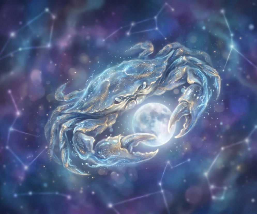 Znak zodiaku Rak w formie kosmicznego kraba, symbolizujący horoskop dzienny Raka na 28 czerwca 2026 roku, otoczony gwiazdami i trzymający w szczypcach Księżyc, co podkreśla jego związek z emocjami i intuicją. Więcej przeczytasz na naszym portalu.