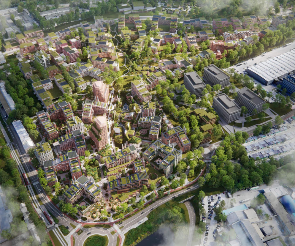 Wizualizacja Nowego Wełnowca z góry. Widok na zieloną dzielnicę bez aut. O projekcie JEMS przeczytasz na Architektura.