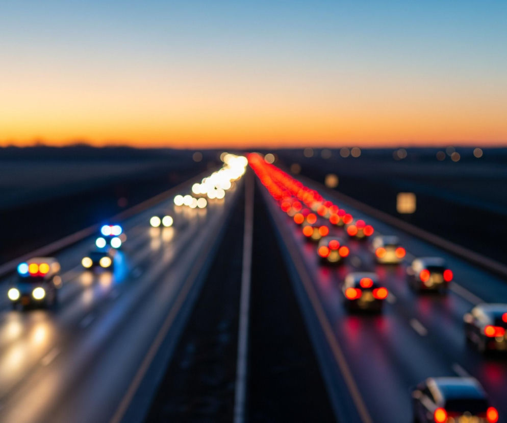 Autostrada o zmierzchu lub świcie rozciąga się w centrum, z pasami ruchu w obu kierunkach oddzielonymi szerokim, ciemnym pasem. Po lewej stronie, samochody jadą w kierunku obserwatora, ukazując jasne, rozmyte reflektory i światła drogowe, wśród nich jeden pojazd z migającymi niebieskimi i czerwonymi światłami na dachu. Po prawej stronie, samochody oddalają się, prezentując sznury czerwonych, rozmytych świateł tylnych. Horyzont na tle nieba charakteryzuje się przejściem od jasnoniebieskiego u góry, poprzez żółte i pomarańczowe odcienie w środku, aż do ciemniejszych barw u dołu, z niewyraźną linią horyzontu z ciemnymi sylwetkami drzew lub budynków.