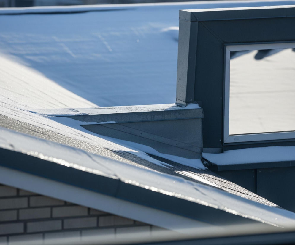 Zasypany śniegiem dach i lukarna dominują na zdjęciu, oglądane z wnętrza przez otwartą ramę okienną, która częściowo przysłania prawą i dolną krawędź kadru ciemnym cieniem. Na lukarnie z szarego metalu, wkomponowanej w połać dachu, widoczne jest prostokątne okno z refleksami, odbijające jasne światło i cienie. Część dachu po lewej stronie ramy okiennej jest pokryta grubą warstwą lśniącego, białego śniegu, z wyraźnymi smugami i cieniami. W dolnej lewej części kadru widać fragment ściany z cegieł w jasnoszarym odcieniu.