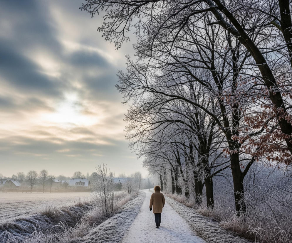 Osoba w beżowym płaszczu i czarnych spodniach idzie odwrócona tyłem po pokrytej śniegiem drodze, która rozciąga się w głąb obrazu. Droga ta jest otoczona po obu stronach zmrożoną roślinnością i rzędem wysokich, nagich drzew z prawej strony, których gałęzie pokryte są szronem. Horyzont po lewej stronie obrazu ukazuje zaśnieżone pola i skupisko domów z białymi dachami, a nad nimi rozciąga się niebo z przemieszczającymi się, szarawymi chmurami, przez które przebija się jasne światło.