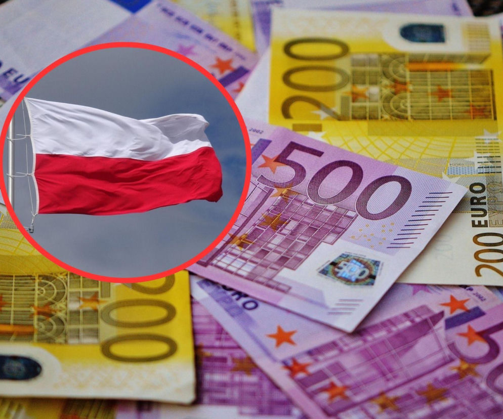 Banknoty 200 i 500 euro. Na wstawce polska flaga. O miliardach złotych dla Polski z UE przeczytasz na SE Polityka.