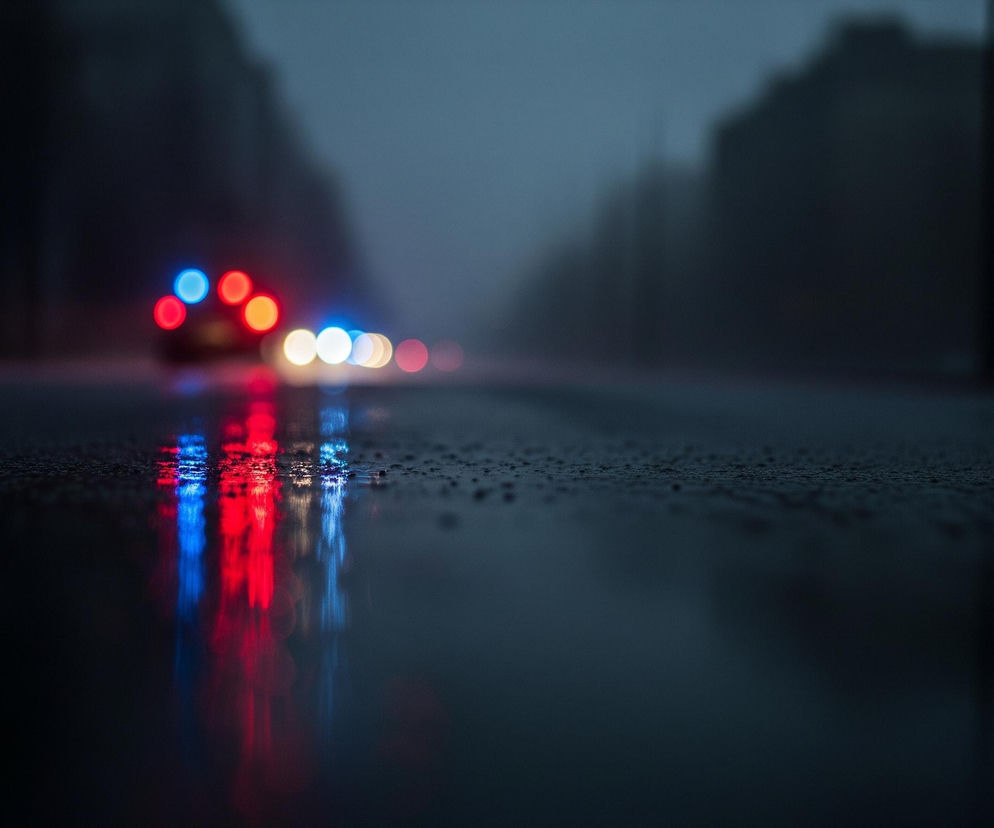 Deszczowa ulica w nocy, z niewyraźnymi światłami pojazdów w tle. Nawierzchnia drogi jest mokra i pokryta drobnymi kroplami wody, odbijającymi intensywne, rozmyte światła w kolorach czerwonym, niebieskim i żółtym. Odblaski tworzą pionowe smugi na ciemnej powierzchni, podczas gdy dalsza część ulicy i tła są zamazane, ukazując jedynie zarysy budynków i drzew pogrążonych w mroku. Dominują ciemne odcienie szarości i granatu.