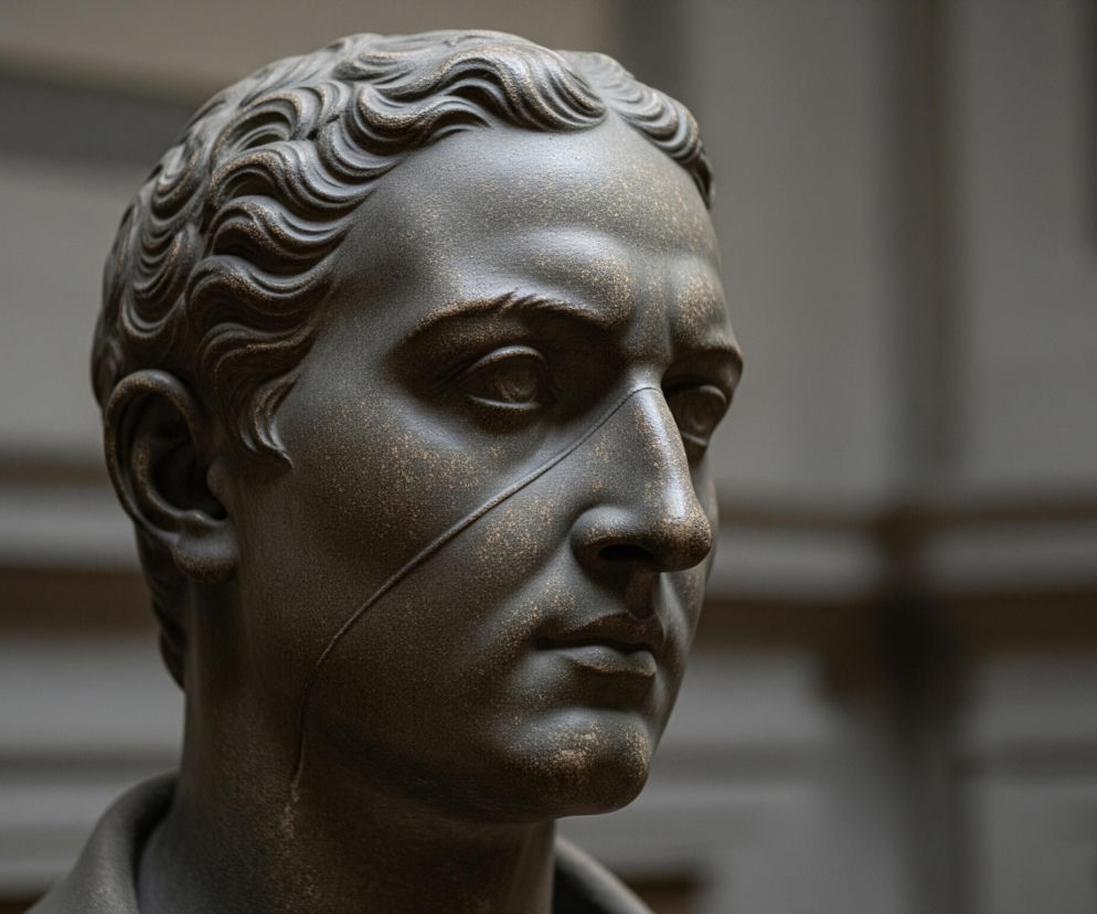 Popiersie przedstawiające męską głowę jest wykonane z ciemnego, metalicznego materiału z widocznymi jaśniejszymi, złotawymi przetarciami, nadającymi mu postarzały wygląd. Głowa jest zwrócona lekko w prawo, z profilem twarzy skierowanym ku krawędzi obrazu. Włosy są krótkie, z wyraźnie zarysowanymi falami i lokami. Na policzku oraz w okolicy oka widoczna jest pionowa, wyżłobiona rysa lub pęknięcie. Tło jest rozmyte, utrzymane w odcieniach szarości i brązu, z delikatnymi poziomymi liniami.