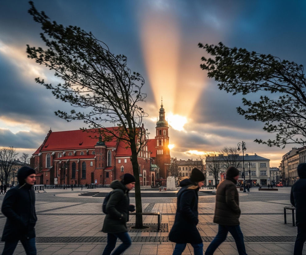 Pośrodku kadru, na dużej brukowanej przestrzeni placu, widać grupę ludzi idących w różnych kierunkach. Sylwetki na pierwszym planie są rozmyte, co wskazuje na ruch. Za nimi, w centralnej części zdjęcia, dominuje duży kościół z cegły o czerwonym dachu i wysokiej wieży. W tle za wieżą kościoła zachodzi słońce, tworząc promieniste smugi światła rozchodzące się na niebie, które częściowo jest zachmurzone ciemnymi, niebiesko-szarymi obłokami, a częściowo jaśnieje ciepłymi odcieniami pomarańczu i różu. Po bokach placu i w dalszej perspektywie rozmieszczone są budynki mieszkalne z jasnymi fasadami, a także pojedyncze drzewa z bezlistnymi gałęziami, z których jedno, po lewej stronie kościoła, wydaje się być poruszone wiatrem.
