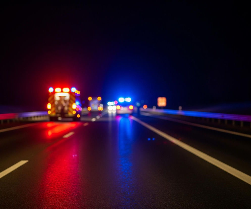 Nocna scena na autostradzie, dominującej ciemnym tle. Na pierwszym planie widoczna jest mokra nawierzchnia drogi z wyraźnymi białymi liniami pasów ruchu, rozciągającymi się w stronę horyzontu. W oddali, na prawym pasie, stoi pojazd ratunkowy, prawdopodobnie karetka, oświetlony jasnymi, pulsującymi czerwonymi i niebieskimi światłami, które odbijają się na mokrej jezdni. Dalej w tle, również niewyraźnie, widoczne są kolejne światła pojazdów, tworząc smugi jasnego światła w ciemności.