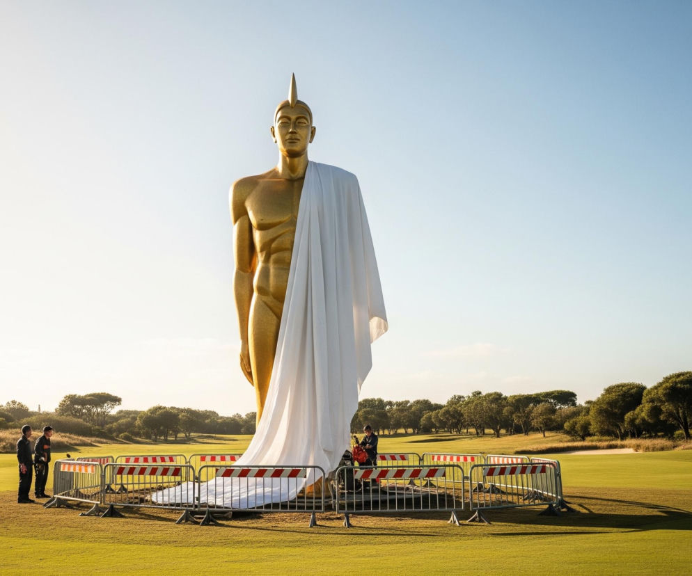 Centralnym punktem obrazu jest wysoka, złota rzeźba przedstawiająca muskularną postać męską z charakterystycznym, spiczastym czubkiem na głowie, przypominającym fryzurę lub nakrycie głowy. Część postaci, od bioder w dół, jest zakryta szeroką, białą tkaniną, która opada na ziemię i jest otoczona metalowymi barierkami z biało-czerwonymi pasami. Scena rozgrywa się na rozległym, intensywnie zielonym polu, prawdopodobnie golfowym, z zalesionymi pagórkami w tle, pod jasnym, bezchmurnym niebem, gdzie po lewej stronie dominuje jasne, słoneczne światło. Obok barierek, po lewej i prawej stronie rzeźby, znajdują się dwie osoby w ciemnych ubraniach, obserwujące scenę lub zajmujące się przygotowaniami.