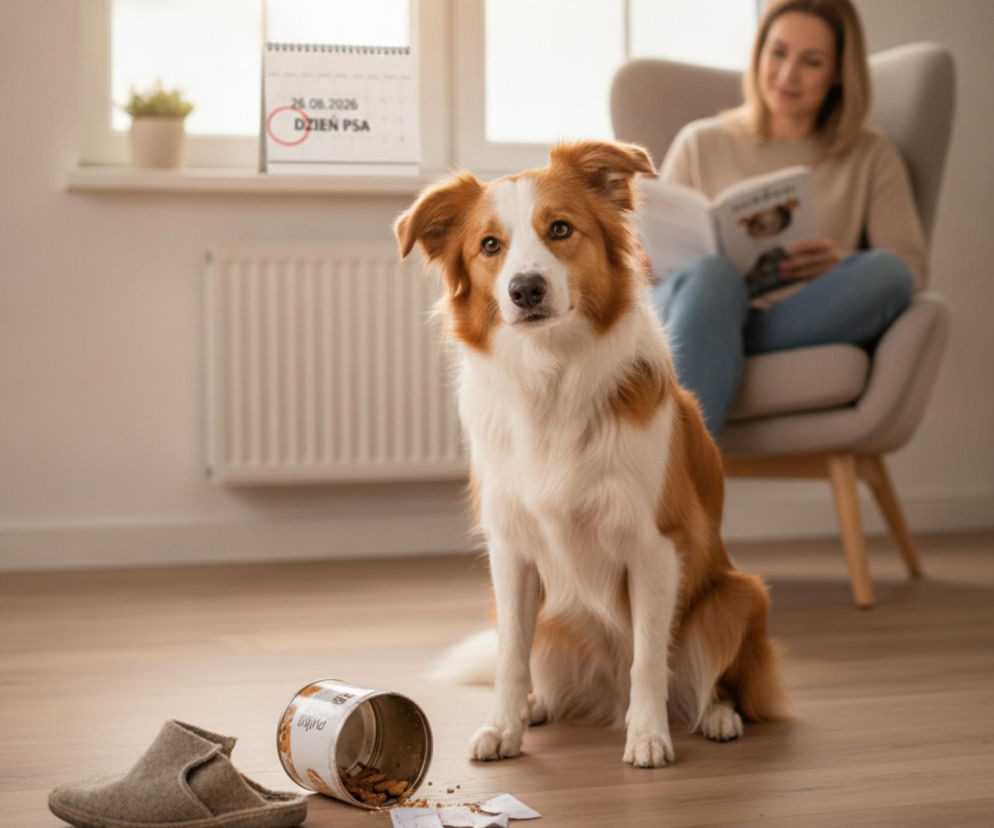 Pies rasy border collie siedzi na podłodze obok przewróconej puszki z przysmakami i kapcia. W tle kalendarz z zaznaczoną datą 26.06.2026 i napisem Dzień Psa. Kobieta czyta książkę w fotelu, a artykuły o psach przeczytasz na naszym portalu.