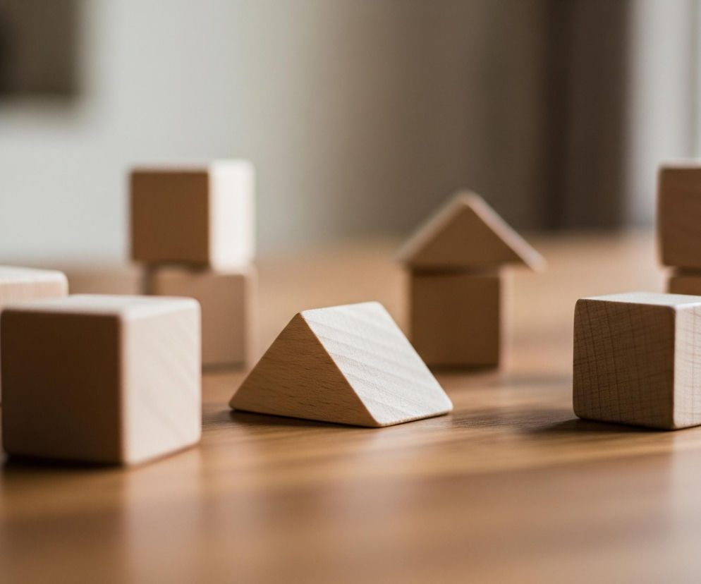 Na drewnianej powierzchni znajduje się osiem drewnianych klocków w naturalnym, jasnobrązowym kolorze. Sześć z nich to sześciany, a dwa to trójkątne pryzmaty. Pośrodku ułożono z dwóch sześcianów i jednego trójkątnego pryzmatu mały domek, z pryzmatem służącym jako dach. Pozostałe klocki są rozmieszczone wokół niego, niektóre pojedynczo, a inne ułożone jeden na drugim. Tło jest jasne i rozmyte, z widocznym oknem po prawej stronie.