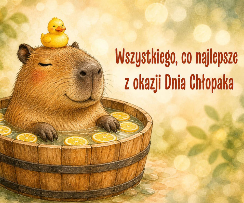 Kapibara w balii z cytrynami i kaczuszką z napisem: Wszystkiego najlepszego z okazji Dnia Chłopaka. Zobacz na SE.