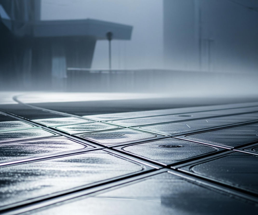 Na pierwszym planie widoczny jest chodnik lub powierzchnia jezdna złożona z połączonych ze sobą prostokątnych płyt o lekko zaokrąglonych narożnikach, tworzących siatkę z wyraźnymi fugami. Powierzchnia jest wilgotna, odbijając światło w drobnych kroplach, co nadaje jej połyskliwy, szaro-granatowy odcień. W oddali rozciąga się mglisty, rozmyty krajobraz miejski, z niewyraźnymi konturami budynków i elementów architektury, zanikający w bieli i szarościach, co tworzy wrażenie chłodnego, futurystycznego otoczenia.