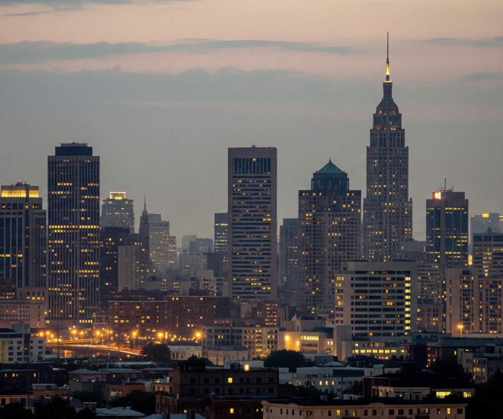 Panoramę miasta o zmierzchu lub wczesnym wieczorem. Dominują wysokie budynki, z których wiele ma włączone światła w oknach, tworząc liczne jasne punkty na ciemnej fasadzie. W centralnej części kadru wyróżnia się smukły wieżowiec z jasnym, spiczastym zakończeniem, będący najwyższym elementem widocznym na tle nieba, które stopniowo przechodzi od jasnego, szaro-różowego odcienia u góry do ciemniejszego, szaro-niebieskiego koloru poniżej linii chmur. Na pierwszym planie, u dołu obrazu, znajdują się niższe budynki mieszkalne z pojedynczymi, ciepło świecącymi oknami, a także fragmenty drzew i krzewów, które wydają się być ciemnymi sylwetkami na tle miejskiej scenerii.