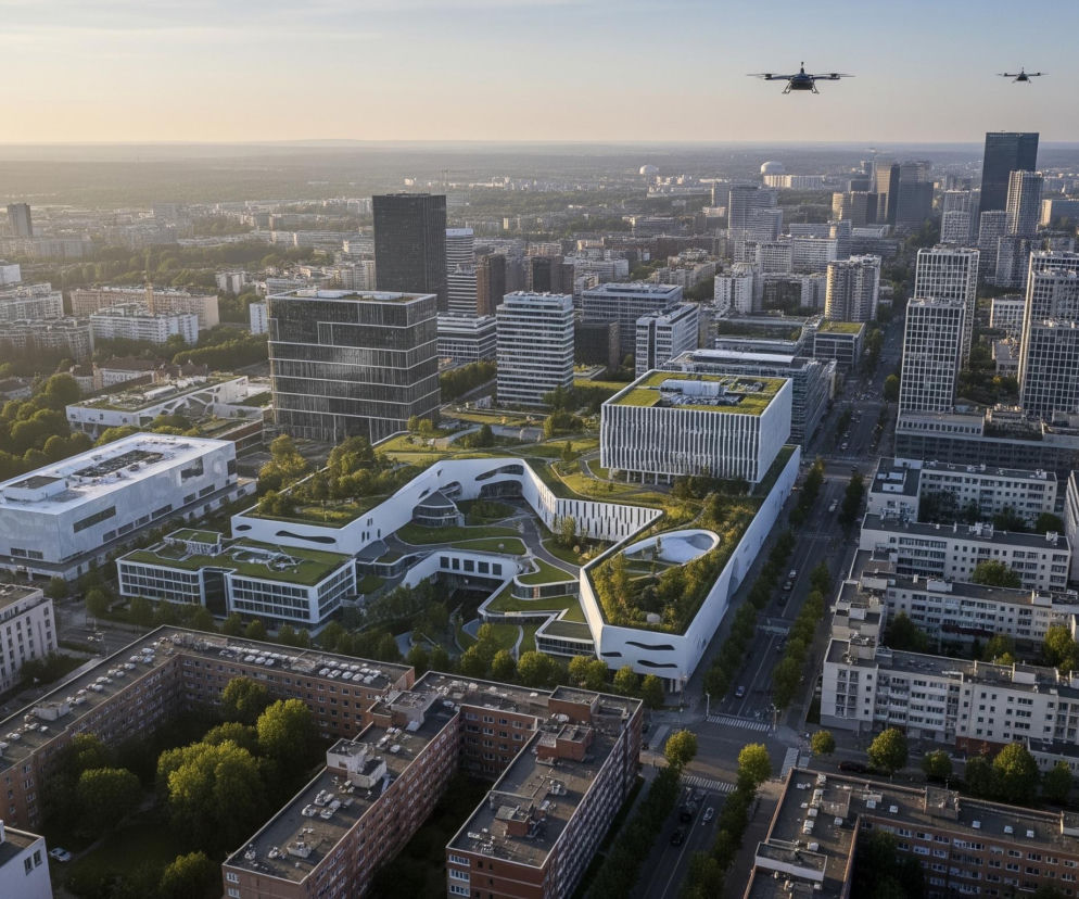 Centralnie na obrazie dominuje nowoczesny kompleks budynków o zróżnicowanej architekturze, z białymi fasadami i licznymi zielonymi dachami, na których rosną drzewa i trawa. W tle rozciąga się panorama miasta z wysokimi wieżowcami i niższymi budynkami mieszkalnymi, wszystko skąpane w ciepłym, złotym świetle zachodzącego słońca. Na niebie widoczne są trzy czarne drony, unoszące się nad zabudowaniami, a cała scena przedstawia miejski krajobraz z perspektywy lotu ptaka.