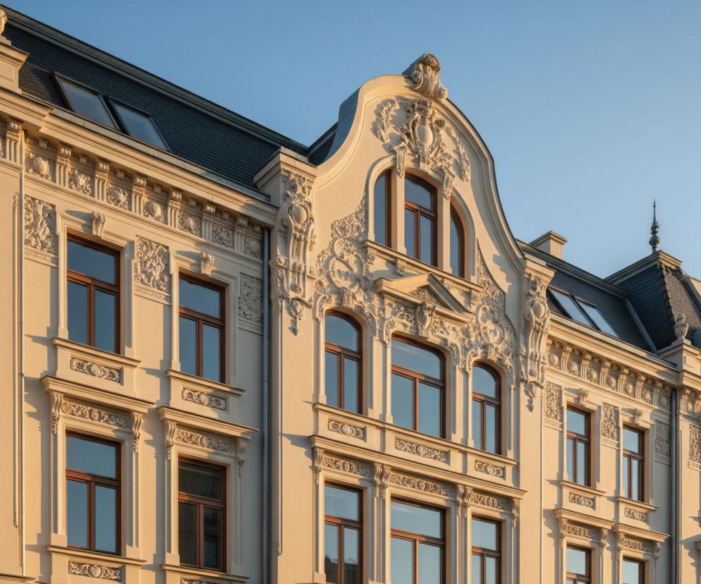 Elegancki budynek z kremową fasadą i licznymi zdobieniami architektonicznymi dominuje na zdjęciu, oświetlony ciepłym, bocznym światłem słońca. Na tle jasnoniebieskiego nieba widać detale rzeźbionych ornamentów wokół okien oraz ozdobny szczyt z półkolistym oknem na dachu. Okna mają brązowe ramy, a dach pokryty jest ciemną, łupkową dachówką z wbudowanymi lukarnami.