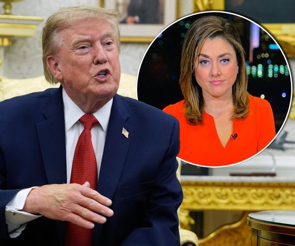 Donald Trump z otwartymi ustami. Na miniaturze dziennikarka Kristen Holmes. O spadku poparcia prezydenta czytaj w Eskę.