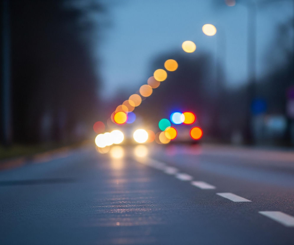 Głównym obiektem jest asfaltowa droga z białą, przerywaną linią widoczną po prawej stronie kadru, rozciągająca się w kierunku centrum obrazu. Droga jest mokra i odbija światła pojazdów oraz latarni ulicznych, które tworzą intensywne, rozmyte kręgi w tle. W oddali widać kilka źródeł światła, w tym niebieskie, zielone i czerwone, sugerujące obecność pojazdów uprzywilejowanych. Po obu stronach drogi, w głębi, znajdują się ciemne kontury drzew i słupów ulicznych, które również są rozmyte.