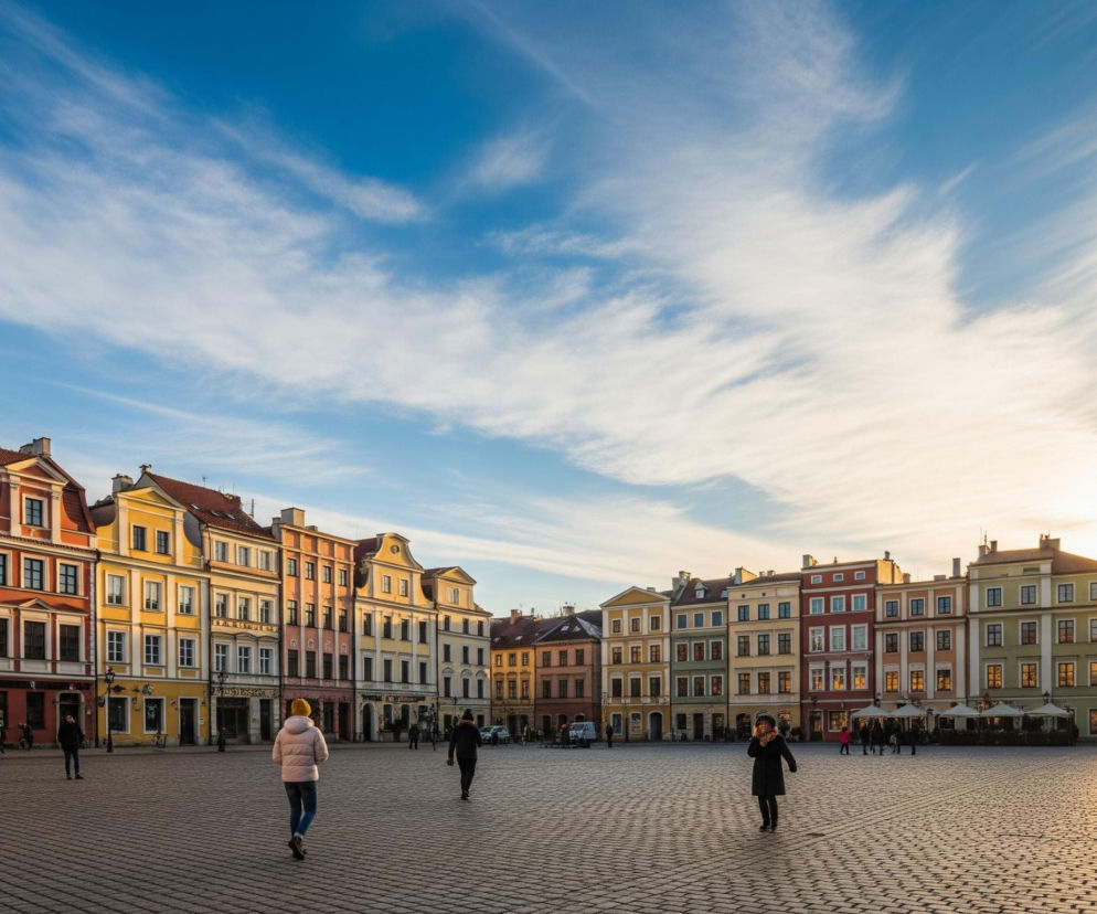 Rozległy plac wybrukowany kostką brukową zajmuje większą część kadru. Po lewej i prawej stronie placu widać rzędy różnokolorowych kamienic, tworzących ulicę. Kamienice mają okna z czarnymi ramami i brązowymi dachami. Kolory fasad obejmują odcienie żółci, pomarańczu, zieleni i czerwieni.

Na placu stoi kilka osób, niektóre idą w kierunku zachodzącego słońca, które znajduje się w prawej części obrazu i rzuca długie cienie. Słońce świeci intensywnie, tworząc promienie za wieżą z zegarem, która dominuje w prawej części kamienic. Niebo jest błękitne z rozciągniętymi, białymi chmurami.