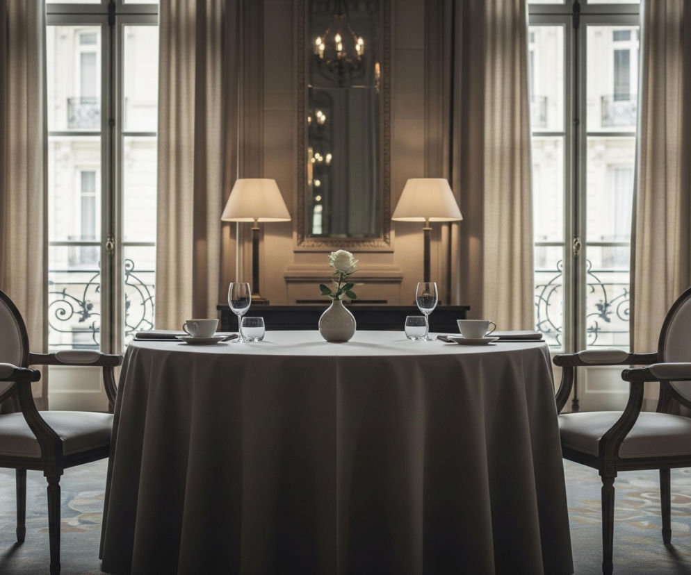 Centralnym punktem jest okrągły stół nakryty jasnoszarym obrusem, przy którym stoją dwa krzesła w stylu empire z jasnymi tapicerkami. Na stole znajdują się dwie nakrycia składające się z białej filiżanki ze spodeczkiem, kieliszka do wina i szklanki z wodą, a pomiędzy nimi stoi mały, jasny wazon z pojedynczą białą różą. Tło stanowi eleganckie wnętrze z dwoma dużymi oknami, przez które widać białe elewacje budynków, oraz beżowe zasłony, a na ścianach widać dekoracyjne listwy. Pomiędzy oknami, na ścianie, wisi lustro w ozdobnej ramie, nad którym znajduje się świecznik z zapalonymi świecami, a po bokach stołu stoją dwie lampy podłogowe z jasnymi abażurami. Podłoga pokryta jest dywanem w wielobarwne, abstrakcyjne wzory.