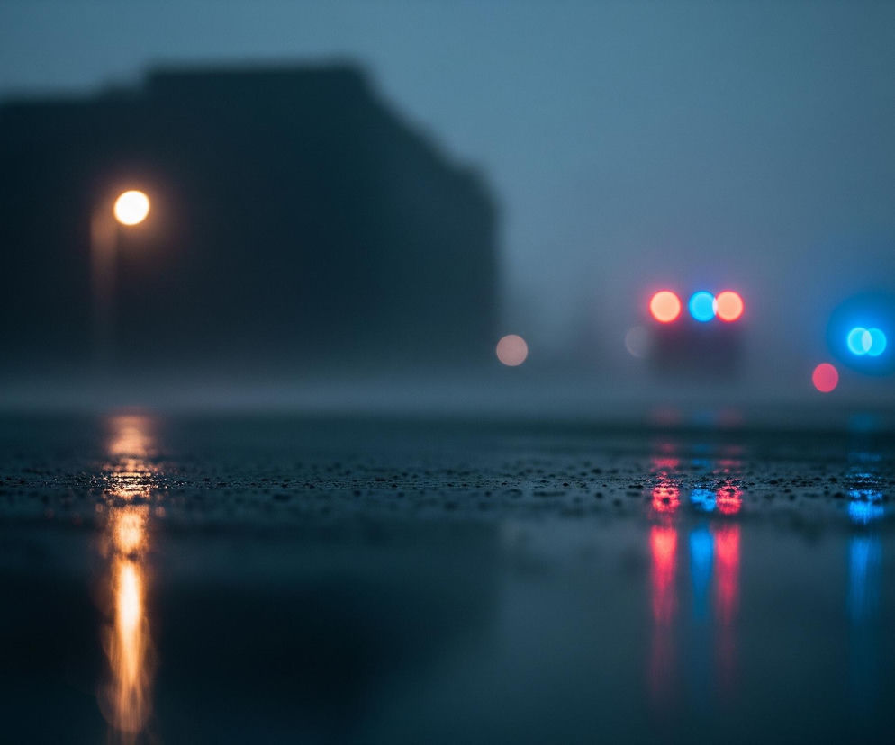 Na pierwszym planie znajduje się mokra, ciemna nawierzchnia z widocznymi kroplami wody, która odbija jaskrawe światła. Na lewo widoczne jest pomarańczowe światło latarni ulicznej, której odbicie rozciąga się w dół. Na prawo, w oddali, rozmyte czerwone i niebieskie światła pojazdu policyjnego, również odbijają się na wilgotnej powierzchni, tworząc pionowe smugi. W tle majaczy ciemna, rozmyta sylwetka budynku, otoczona mglistym, niebiesko-szarym powietrzem, które dominuje w górnej części obrazu.