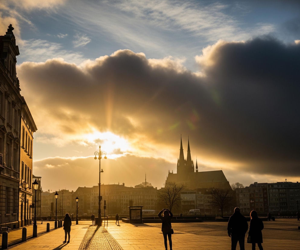 Scena przedstawia panoramę miejską w złotym świetle zachodzącego lub wschodzącego słońca, z wyraźnym kontrastem między rozświetloną lewą stroną kadru a ciemniejszą, prawą. Po lewej stronie dominuje fasada klasycznego, wysokiego budynku z wieloma oknami i ozdobnymi detalami, skąpana w ciepłym, pomarańczowo-złotym blasku. Na pierwszym planie po lewej widoczna jest postać ludzka, a dalej w centrum placu stoją dwie lampy uliczne.

Prawą część nieba wypełniają ciemne, burzowe chmury, które stopniowo przechodzą w jasne, złote obłoki wokół słońca, znajdującego się nieco na lewo od środka kadru i rzucającego długie smugi światła. Na horyzoncie, na tle nieba i chmur, rysuje się ciemna sylwetka katedry z dwiema strzelistymi wieżami, otoczona niższymi budynkami. Na placu, którego nawierzchnia mieni się w złotych barwach, stoją sylwetki ludzi, część z nich patrzy w stronę słońca lub katedry, a jedna osoba po prawej stronie kadru fotografuje widok.