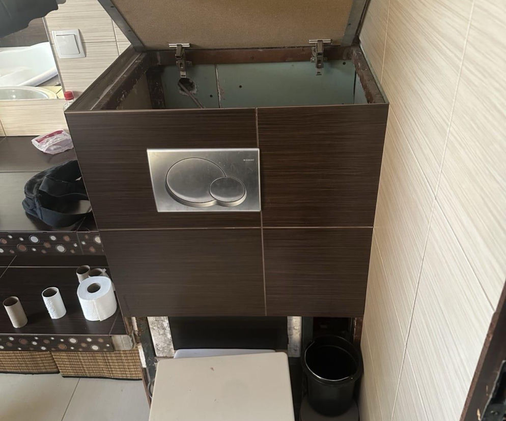 Wcisnął się do obudowy toaletowej spłuczki. Wystawała tylko stopa