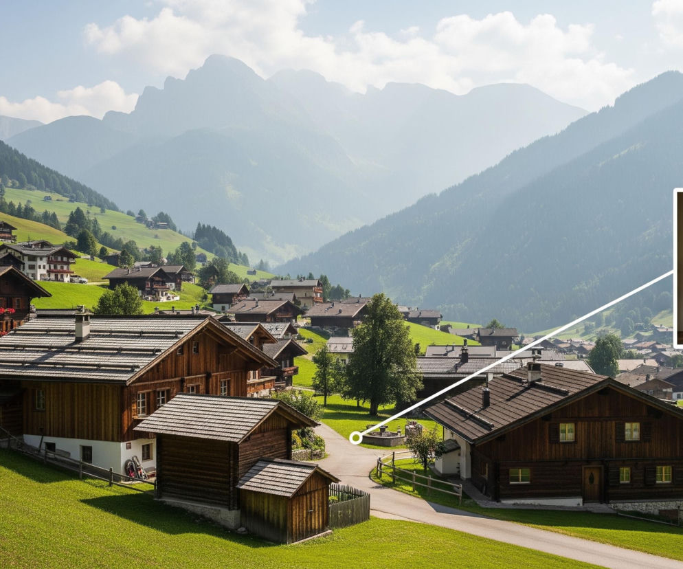 Krajobraz przedstawia rozległą dolinę górską z zielonymi zboczami, usianymi drewnianymi domami z ciemnymi dachami. Na pierwszym planie po lewej stronie dominuje duży drewniany budynek z białymi elementami ściany fundamentowej, a obok niego widoczna jest mniejsza drewniana szopa i jeszcze mniejsze pomieszczenie gospodarcze, wszystko otoczone soczystą trawą i brukowaną drogą. W tle rozciągają się kolejne podobne domy, tworzące osadę, a dalej widać zalesione góry i mgliste szczyty pod błękitnym niebem z pojedynczymi chmurami. W prawym górnym rogu obrazu znajduje się wstawka z detalami rzeźbionego ołtarza lub kapliczki, połączona z główną sceną białą linią z okręgiem.