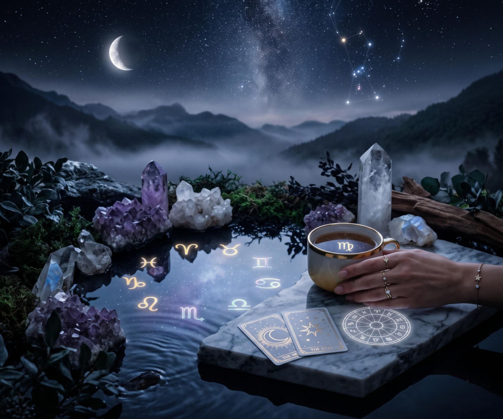 Dłoń kobiety trzyma filiżankę nad kartami tarota i znakami zodiaku w wodzie. O horoskopie na 17 lipca przeczytasz na SE.