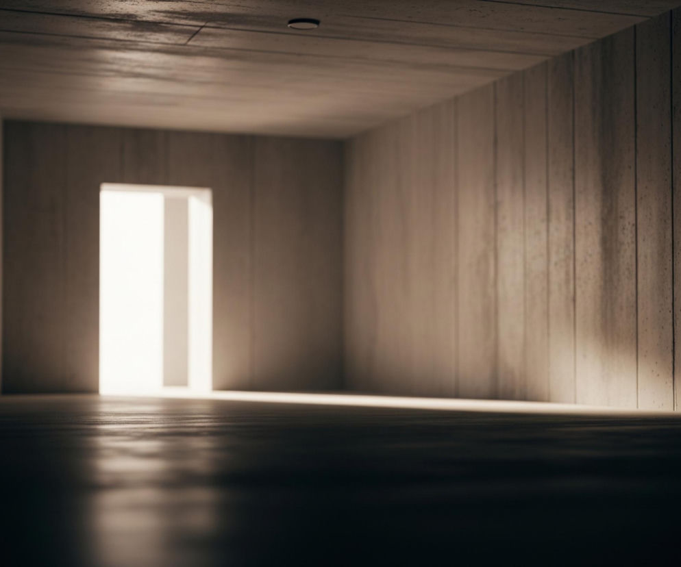 Długi, prosty korytarz o surowych, betonowych ścianach i podłodze w odcieniach szarości i beżu. Na końcu korytarza znajduje się prostokątne, intensywnie białe światło, sugerujące otwarte przejście lub drzwi, które oświetla centralną część pomieszczenia. Światło tworzy długie cienie i refleksy na błyszczącej podłodze, podczas gdy ściany, szczególnie po prawej stronie, pozostają w półmroku, ukazując teksturę betonu z pionowymi liniami i drobnymi, ciemnymi plamkami. W oddali na suficie widać ciemne, podłużne zagłębienie.