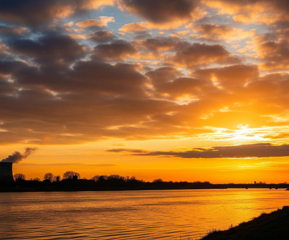 Na pierwszym planie, z prawej strony, idzie samotna postać w ciemnym ubraniu po utwardzonej ścieżce, która biegnie wzdłuż rzeki. Rzeka zajmuje większą część dolnej połowy obrazu, odbijając intensywne, pomarańczowo-żółte światło zachodzącego słońca, tworząc delikatne fale na jej powierzchni. Na lewym brzegu rzeki, w oddali, znajdują się dwie chłodnie kominowe oraz dwa kominy elektrowni, z których jeden emituje smugę białego dymu. Horyzont dominuje ciemna sylwetka drzew i krzewów, a także słupy wysokiego napięcia. Niebo to mieszanka ciemnych, szaro-pomarańczowych chmur, przeplatanych jaśniejszymi fragmentami błękitu i intensywnego, jasnożółtego światła słońca, które znajduje się po prawej stronie horyzontu.