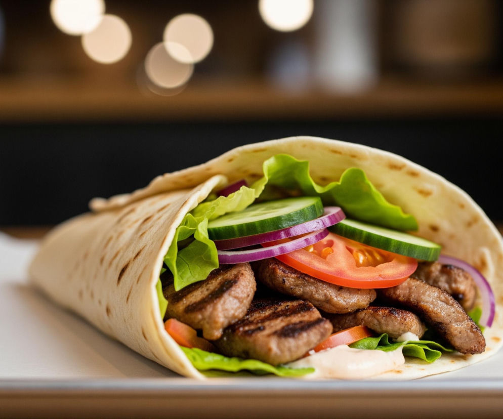 Na pierwszym planie, centralnie, leży zawinięta tortilla pszenna wypełniona grillowanym mięsem, świeżymi warzywami i sosem. Mięso ma brązowy kolor z widocznymi, ciemnymi śladami od grilla, a warzywa to zielona sałata, plastry zielonego ogórka, cienkie krążki czerwonej cebuli oraz plasterek czerwonego pomidora. Pod warzywami widoczny jest jasny, kremowy sos. Tortilla ma jasnobeżowy kolor i jest zawinięta w rulon, leżąc na białym papierze do pieczenia umieszczonym na srebrnej blasze lub tacy. Tło jest rozmyte, z widocznymi jasnymi, okrągłymi refleksami świetlnymi i dominującymi ciemnymi, brązowymi i czarnymi tonami.