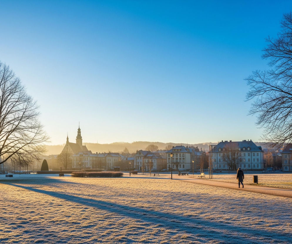 Krajobraz przedstawia zaśnieżony park miejski o wschodzie słońca, z wyraźnym błękitnym niebem w górnej części kadru. Z lewej strony intensywne światło słońca przebija przez nagie gałęzie drzew, rzucając długie, ciemne cienie na oszronioną trawę. Po prawej stronie widać samotną osobę idącą ścieżką w kierunku odległego miasta, którego budynki i wieże kościelne są otulone złotą mgiełką.