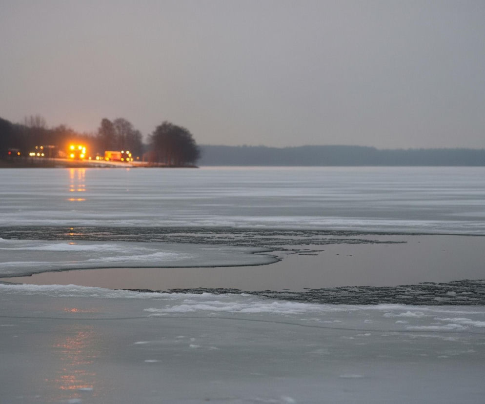 Zamarznięta tafla jeziora z fragmentami otwartej wody dominuje pierwszy plan i środek obrazu, ukazując szare i białe odcienie lodu oraz ciemniejsze, odbijające światło plamy wody. Na horyzoncie, po lewej stronie, rozciąga się ciemna linia lasu, ponad którą widać rozmyte, pomarańczowe światła budynków lub pojazdów, odbijające się delikatnie na powierzchni lodu i wody. Niebo jest jednolicie szare i zachmurzone, tworząc stonowane tło dla sceny.