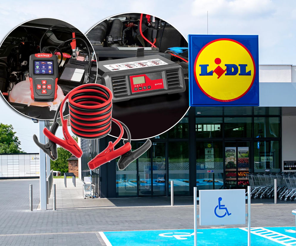 Wizerunek akcesoriów samochodowych Ultimate Speed z Lidla, w tym testera akumulatora, prostownika oraz kabli rozruchowych, z sklepem Lidl w tle. Artykuł Super Biznes informuje o promocjach na produkty do przygotowania auta na zimę.