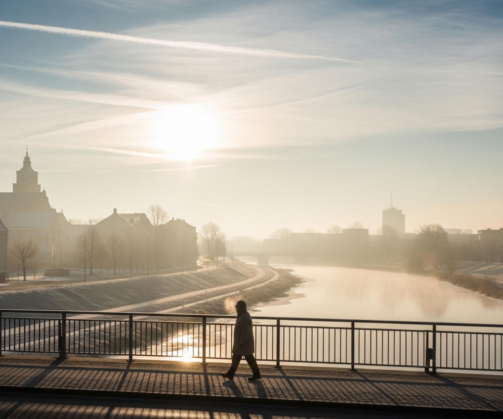 Samotna osoba w ciemnej, zimowej kurtce kroczy w lewo przez most, z widocznym oddechem. Słońce, znajdujące się w lewej górnej części zdjęcia, rzuca długie cienie poręczy mostu i sylwetki osoby na chodnik. Po lewej stronie rzeki widać miasto z charakterystyczną wieżą kościoła, a w tle rozciąga się rzeka spowita mgłą, otoczona zaśnieżonymi brzegami i drzewami. Na horyzoncie, po prawej stronie, rysują się sylwetki dalszych budynków i mostu.