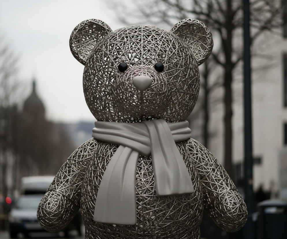 Centralną postacią obrazu jest duża, metaliczna rzeźba misia, wykonana z setek połączonych ze sobą prętów tworzących ażurową konstrukcję. Miś ma na sobie szary szalik owinięty wokół szyi, a jego oczy i nosek są gładkie i czarne. Stoi na tle niewyraźnego miejskiego krajobrazu z drzewami bez liści, budynkami i samochodami w oddali. Całość utrzymana jest w stonowanych, szarych i srebrzystych odcieniach, z odrobiną brązu w tle.