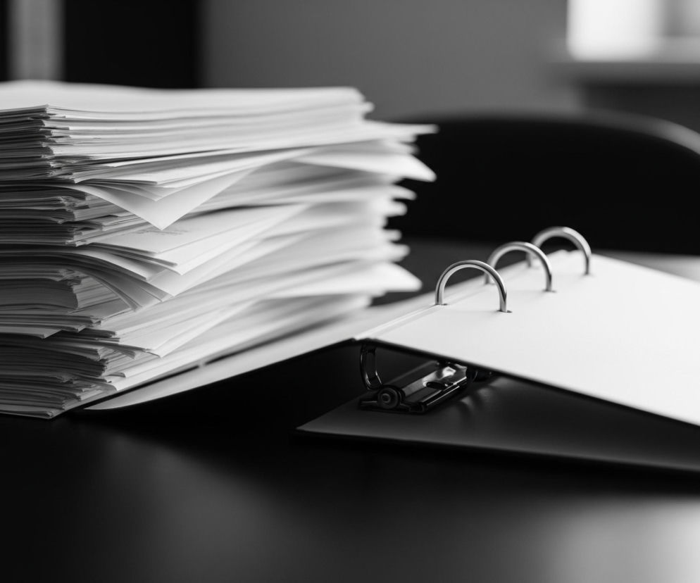 W centrum obrazu znajduje się duży stos białych kartek papieru, ułożonych niedbale, z widocznymi zagięciami i nierównościami brzegów. Obok nich leży otwarty segregator, z widocznymi trzema srebrnymi, metalowymi kółkami służącymi do wpinania kartek. Całość spoczywa na ciemnej powierzchni, prawdopodobnie biurku, które zajmuje dolną część kadru. Tło jest rozmyte, z niewyraźnymi kształtami i kontrastami światła i cienia, sugerującymi wnętrze pomieszczenia i okno.