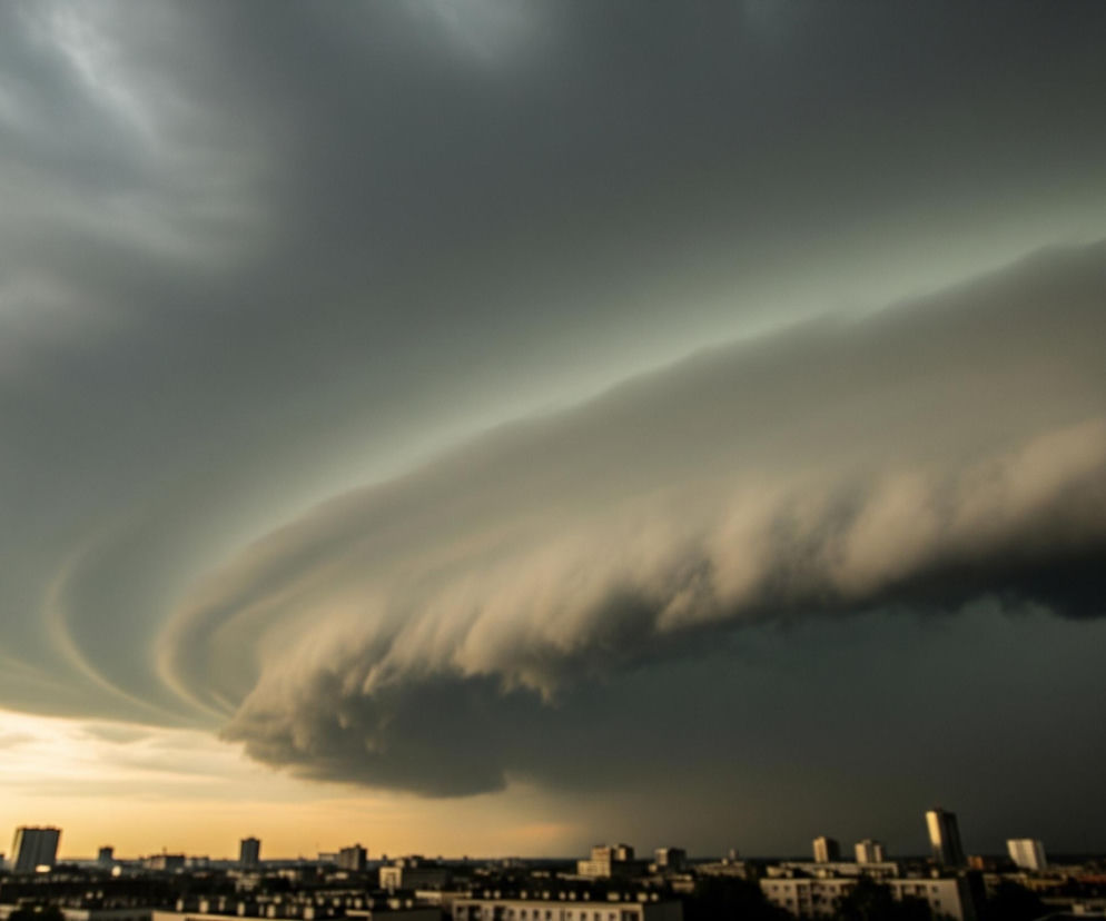 Rozległa, ciemnoszara chmura burzowa w kształcie zakręconej fali dominuje większość nieba, rozciągając się horyzontalnie od lewej do prawej strony obrazu. Jej dolna część, bliżej centrum, jest jaśniejsza i bardziej puszysta, ukazując wyraźne, zaokrąglone kształty, podczas gdy górne warstwy stają się coraz ciemniejsze i bardziej jednorodne. Pod chmurą widoczna jest linia horyzontu z zarysem miasta, gdzie liczne budynki, w tym kilka wysokich wieżowców, są słabo oświetlone pomarańczowo-żółtym światłem zachodzącego słońca, kontrastując z ponurym niebem.