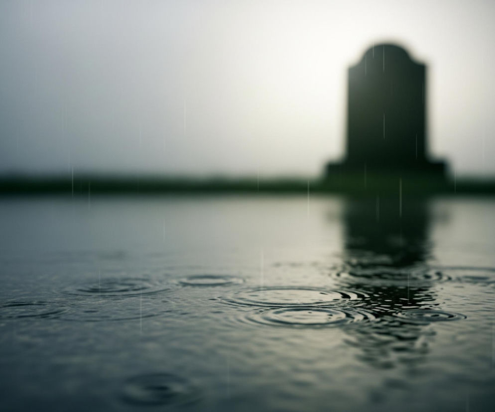 Pierwszy plan wypełnia ciemna tafla wody pokryta licznymi, koncentrycznymi kręgami, świadczącymi o padającym deszczu. W tle, powyżej horyzontu wyznaczonego przez ciemnozielony pas lądu, widoczna jest rozmazana sylwetka nagrobka lub pomnika o zaokrąglonej górnej krawędzi, oświetlona jasnym, rozmytym światłem zza niego. Całość utrzymana jest w chłodnych odcieniach szarości, zieleni i błękitu, z pionowymi smugami deszczu przebijającymi przez kadr.