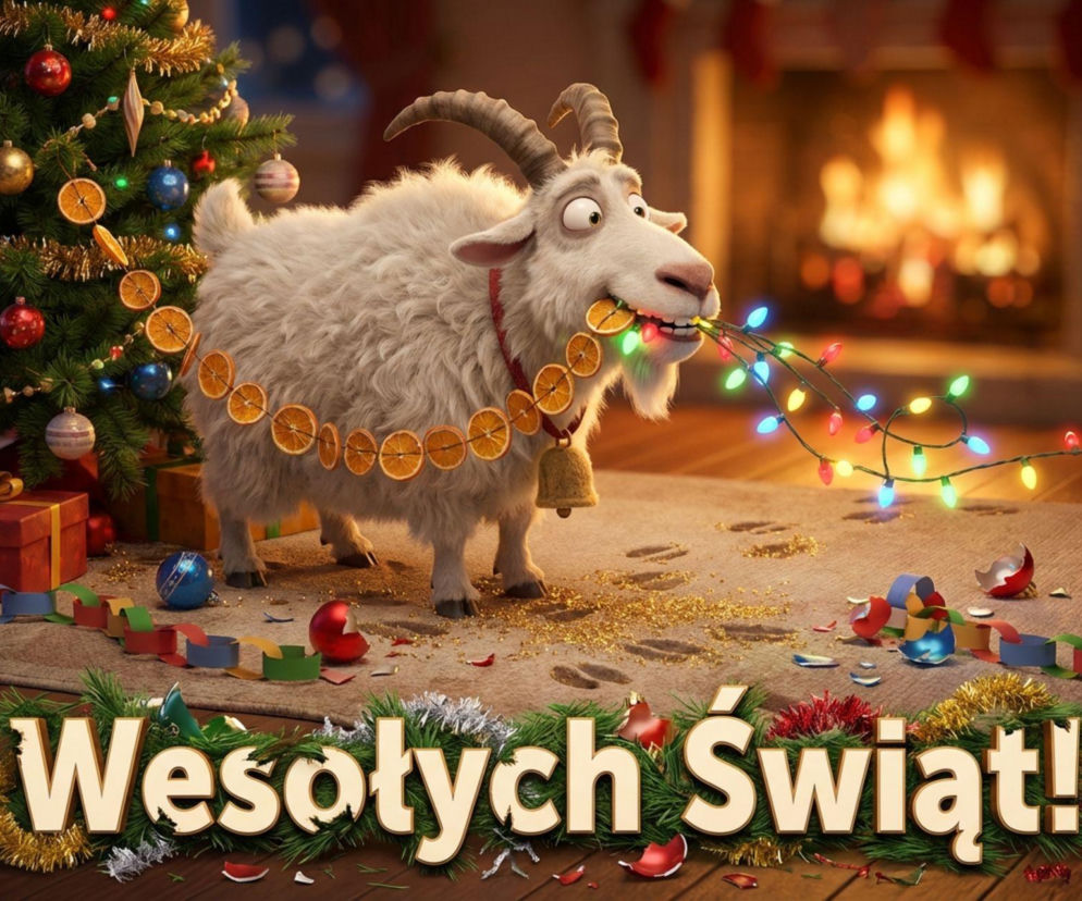 Świąteczna koza jedząca choinkę