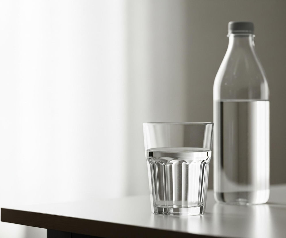 Szklanka wody stoi na jasnym, matowym blacie stołu w prawym dolnym rogu kadru. Jest ona wypełniona w około trzech czwartych czystą, przezroczystą cieczą, a jej ścianki są karbowane pionowymi, szerokimi rowkami. Obok szklanki, nieco za nią i w głębi, stoi butelka z przezroczystego szkła, również wypełniona wodą, z ciemną nakrętką na szczycie. Tło to jasna, rozmyta ściana z widocznym cieniem po prawej stronie, a po lewej stronie kadru dominuje jasne światło.