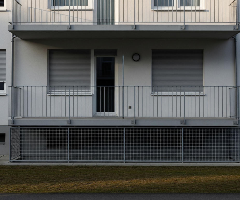 Budynek mieszkalny o jasnoszarej elewacji dominuje w centrum kadru, prezentując balkon na pierwszym planie z metalową balustradą w odcieniach szarości. Nad balkonem widoczne są trzy okna i drzwi balkonowe, wszystkie z szarymi, częściowo opuszczonymi roletami. Poniżej balkonu znajduje się metalowa siatka o drobnych oczkach, a pod nią fragment ciemniejszej elewacji z podłużnym, wąskim oknem po lewej stronie. Na dole zdjęcia rozciąga się zielony pas trawy i wąski pas asfaltu.