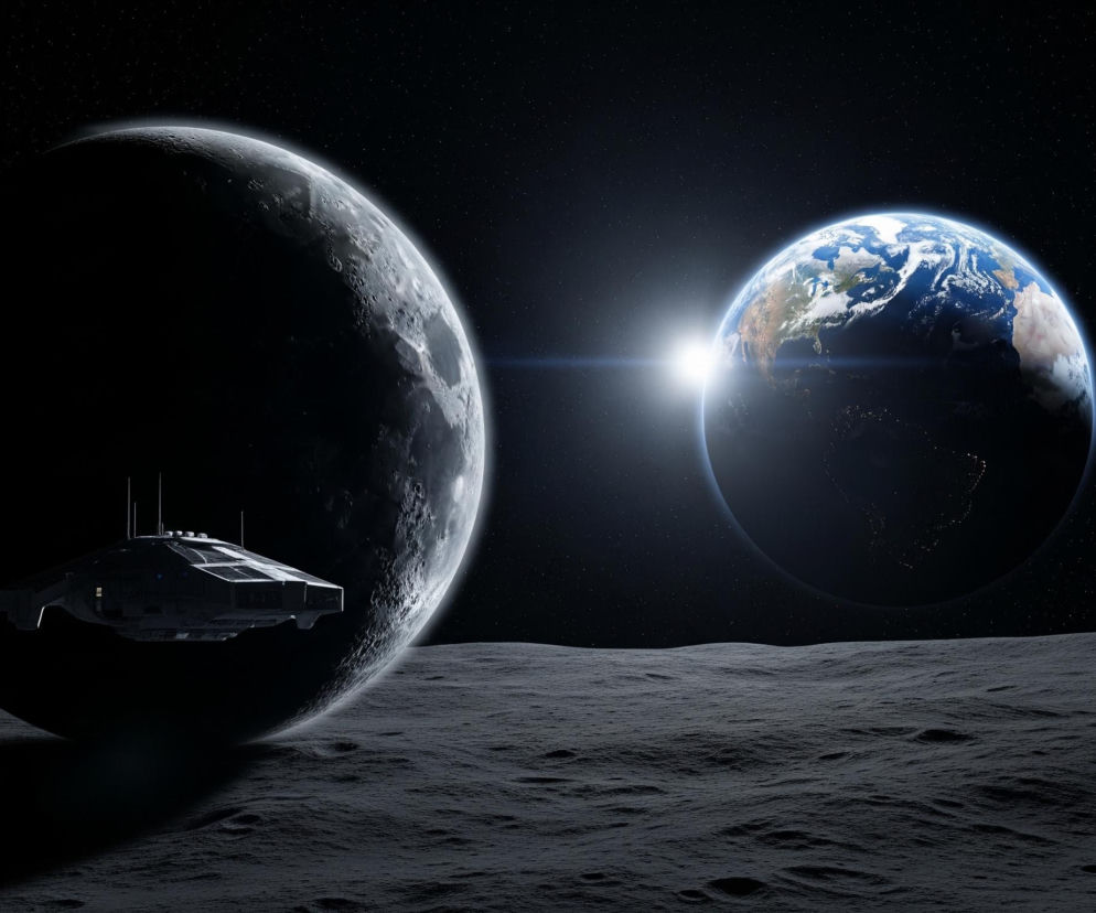 Krajobraz kosmiczny przedstawia pofałdowaną, szarą powierzchnię pozaziemskiego ciała niebieskiego na pierwszym planie, przypominającą księżyc. Na lewo, w tle, widoczny jest duży, szaro-biały glob, częściowo oświetlony, z wyraźnymi kraterami na swojej powierzchni. Przed nim unosi się ciemnoszary statek kosmiczny o kanciastych kształtach, z drobnymi światłami na jego kadłubie. Po prawej stronie obrazu, na tle rozgwieżdżonej, czarnej przestrzeni kosmicznej, świeci jasna plama światła, a za nią widoczna jest błękitna planeta z wyraźnymi kontynentami i obłokami, częściowo pogrążona w nocy, z widocznymi światłami miast na jej ciemnej półkuli.