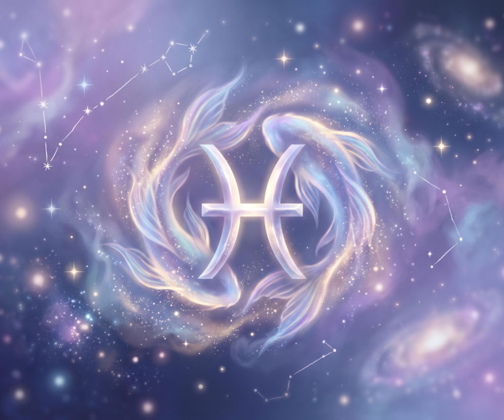 Symbol znaku zodiaku Ryby na tle kosmosu i dwóch płynących ryb. O horoskopie dla Ryb przeczytasz w serwisie Eska.