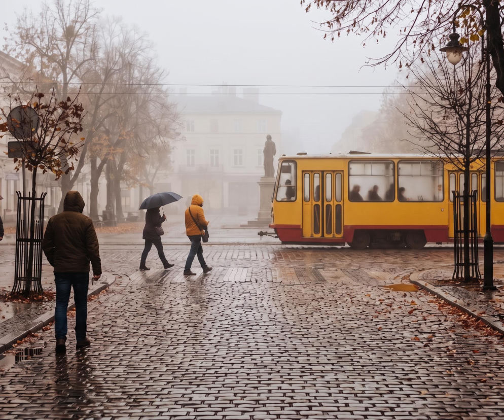 Ludzie z parasolami na mokrej ulicy w gęstej mgle, obok żółty tramwaj. O jesiennej pogodzie przeczytasz na Eska.